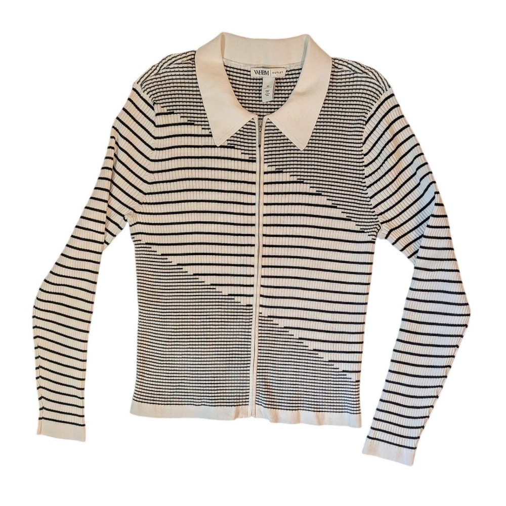 WHBM Outlet Black White Striped Zip Up Ribbed Cardigan Sweater XL Pointed Collar